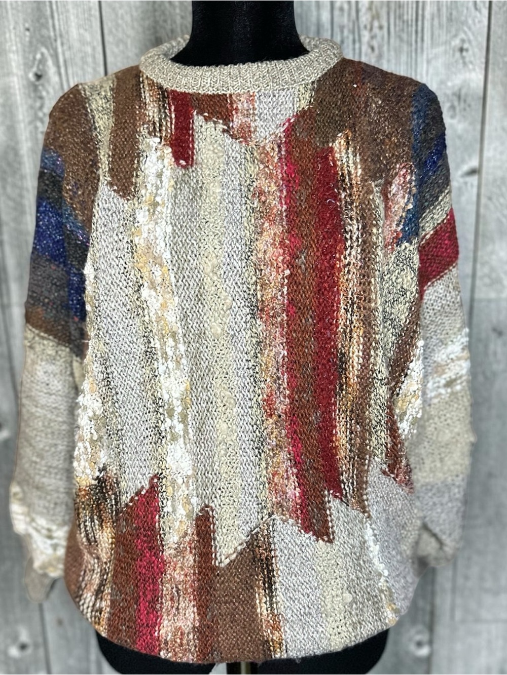 Abstract Multicolor Crewneck Sweater - Neutral & Red Accent
